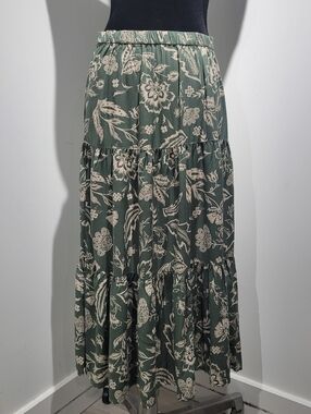 SO Goods for Life Women's Tiered Floral Print Midi Skirt Medium Cream Green Boho